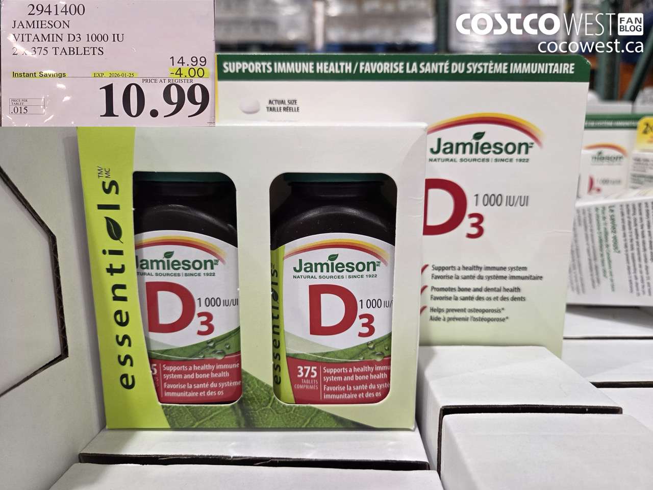 2941400 JAMIESON VITAMIN D3 1000IU 2X375 TABLETS ($4.00 INSTANT SAVINGS EXPIRES ON 2026-01-25) $10.99