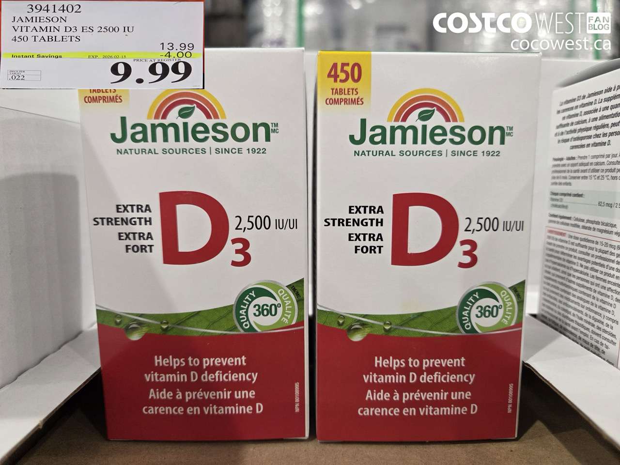 3941402 JAMIESON VITAMIN D3 2500IU 450 TABLETS ($4.00 INSTANT SAVINGS EXPIRES ON 2026-02-15) $9.99