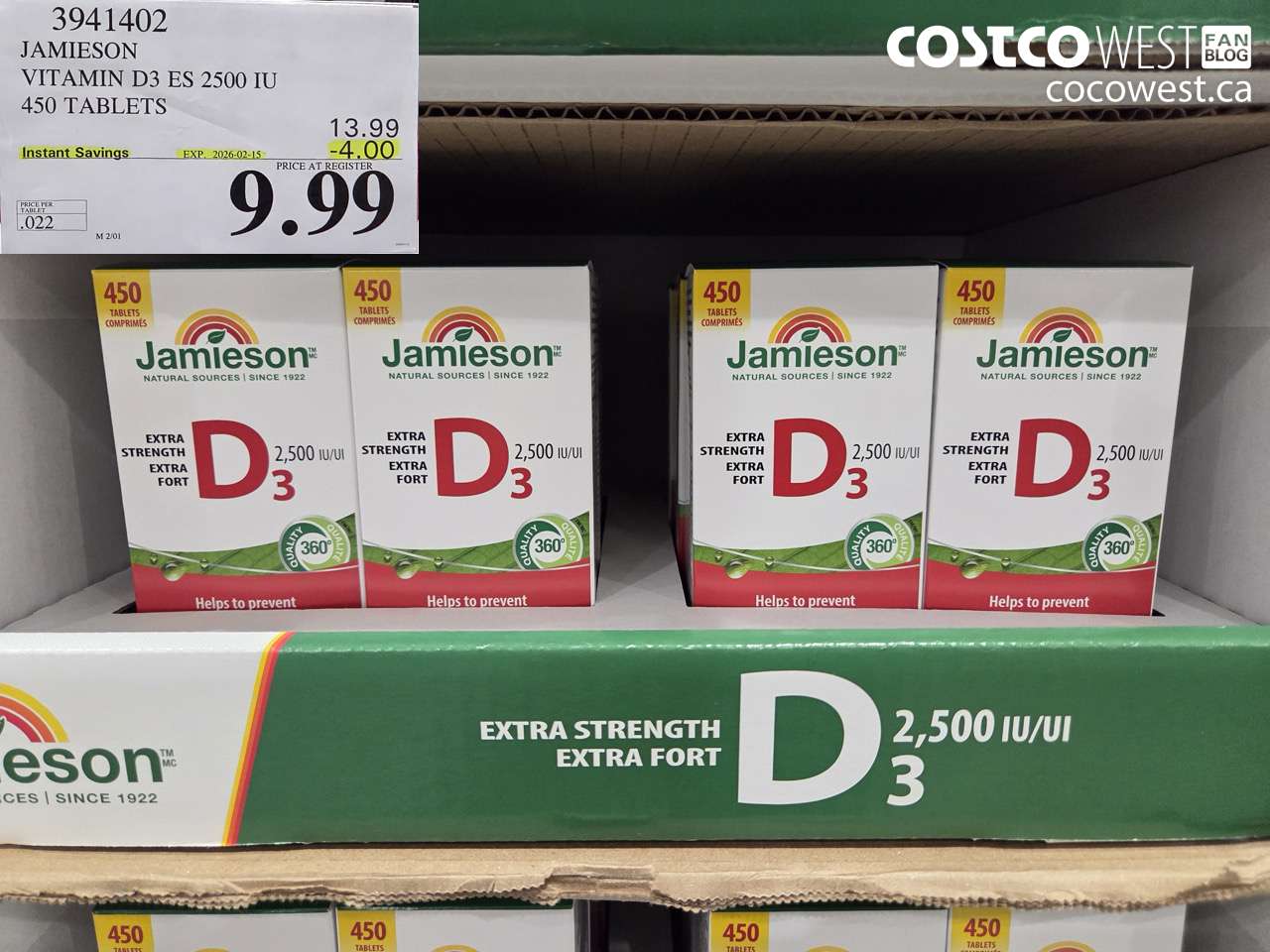 3941402 JAMIESON VITAMIN D3 2500IU 450 TABLETS ($4.00 INSTANT SAVINGS EXPIRES ON 2026-02-15) $9.99