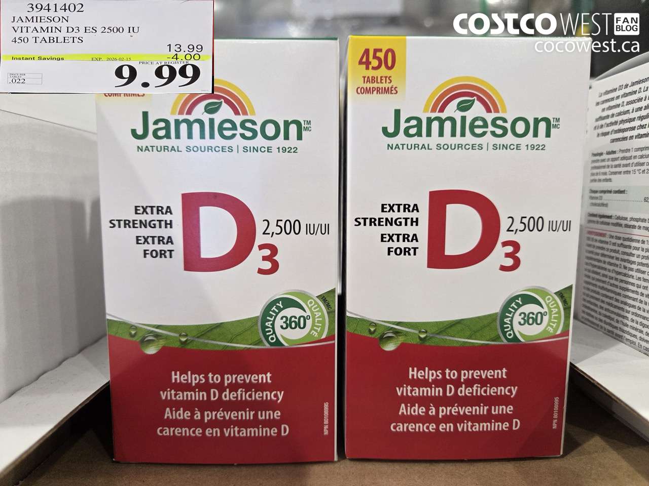 3941402 JAMIESON VITAMIN D3 2500IU 450 TABLETS ($4.00 INSTANT SAVINGS EXPIRES ON 2026-02-15) $9.99