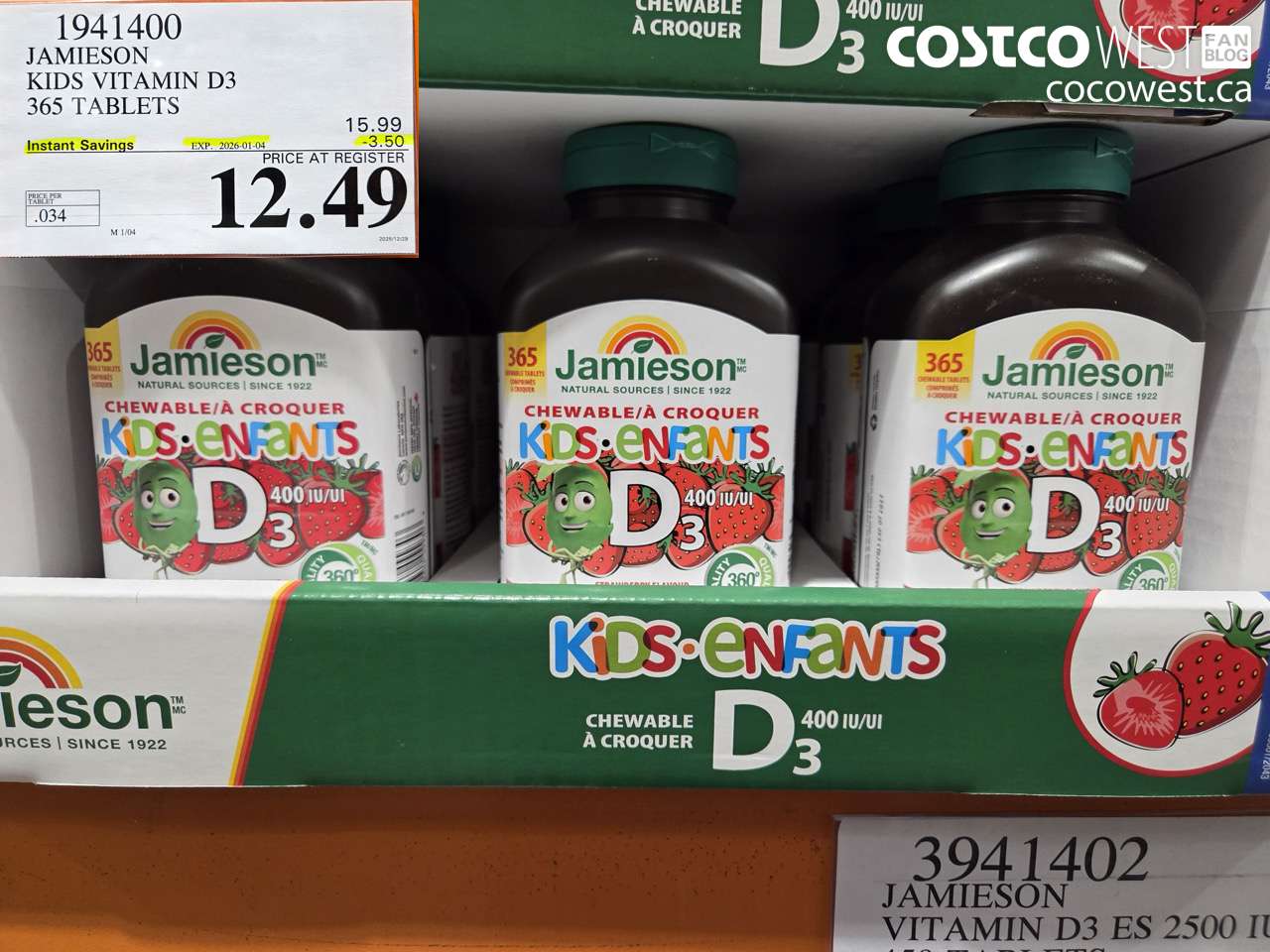 1941400 JAMIESON VITAMIN D3 FOR KIDS 365 TABLETS ($3.50 INSTANT SAVINGS EXPIRES ON 2026-01-04) $12.49