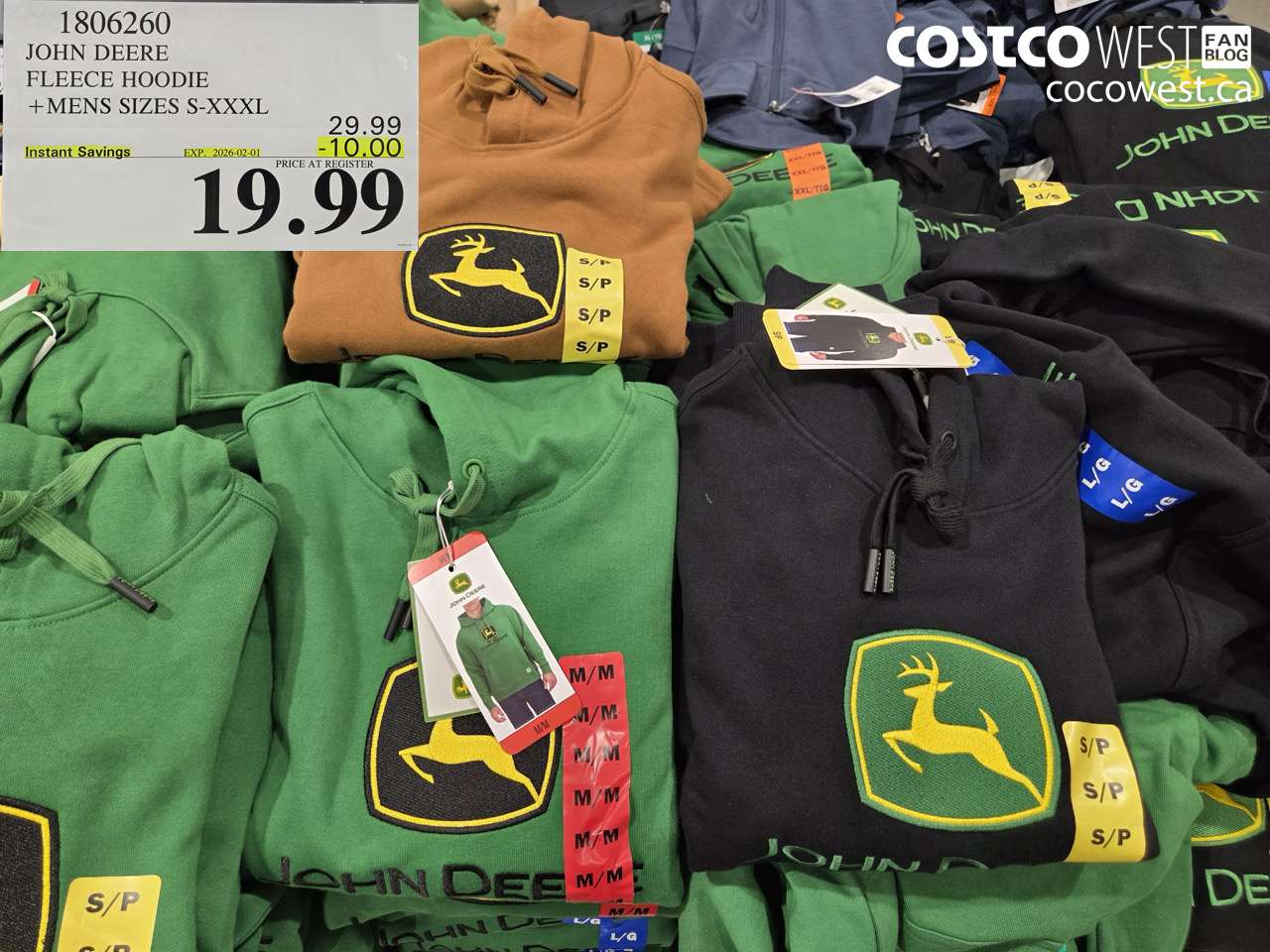 1806260 JOHN DEERE HOODIE MENS SIZES S-XXXL ($10.00 INSTANT SAVINGS EXPIRES ON 2026-02-01) $19.99