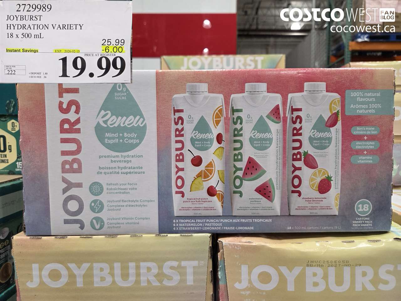 2729989 JOYBURST HYDRATION VARIETY 18 X 500ML ($6.00 INSTANT SAVINGS EXPIRES ON 2026-02-15) $19.99