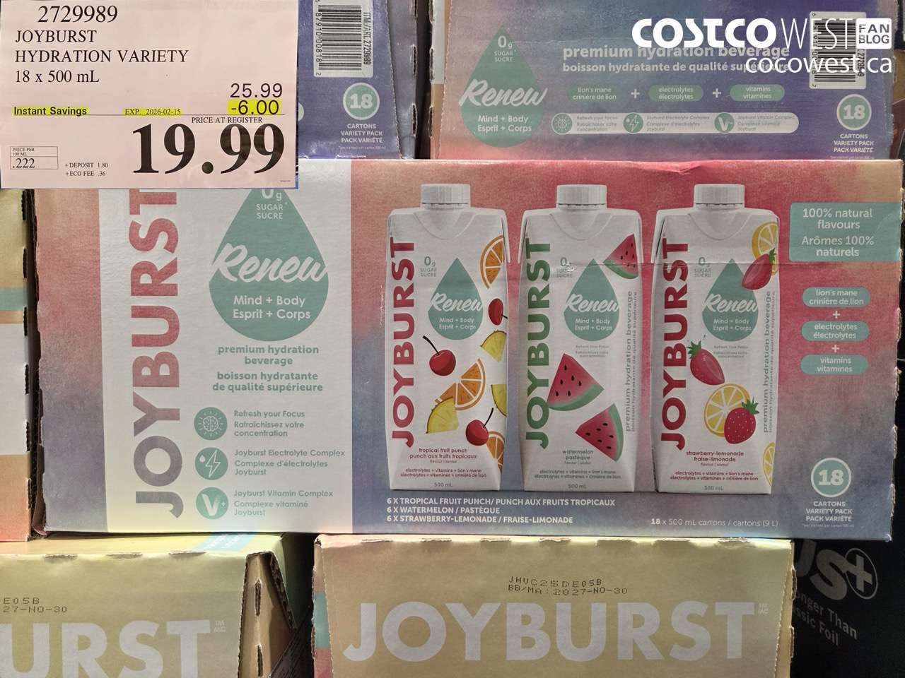 2729989 JOYBURST HYDRATION VARIETY 18 X 500ML ($6.00 INSTANT SAVINGS EXPIRES ON 2026-02-15) $19.99