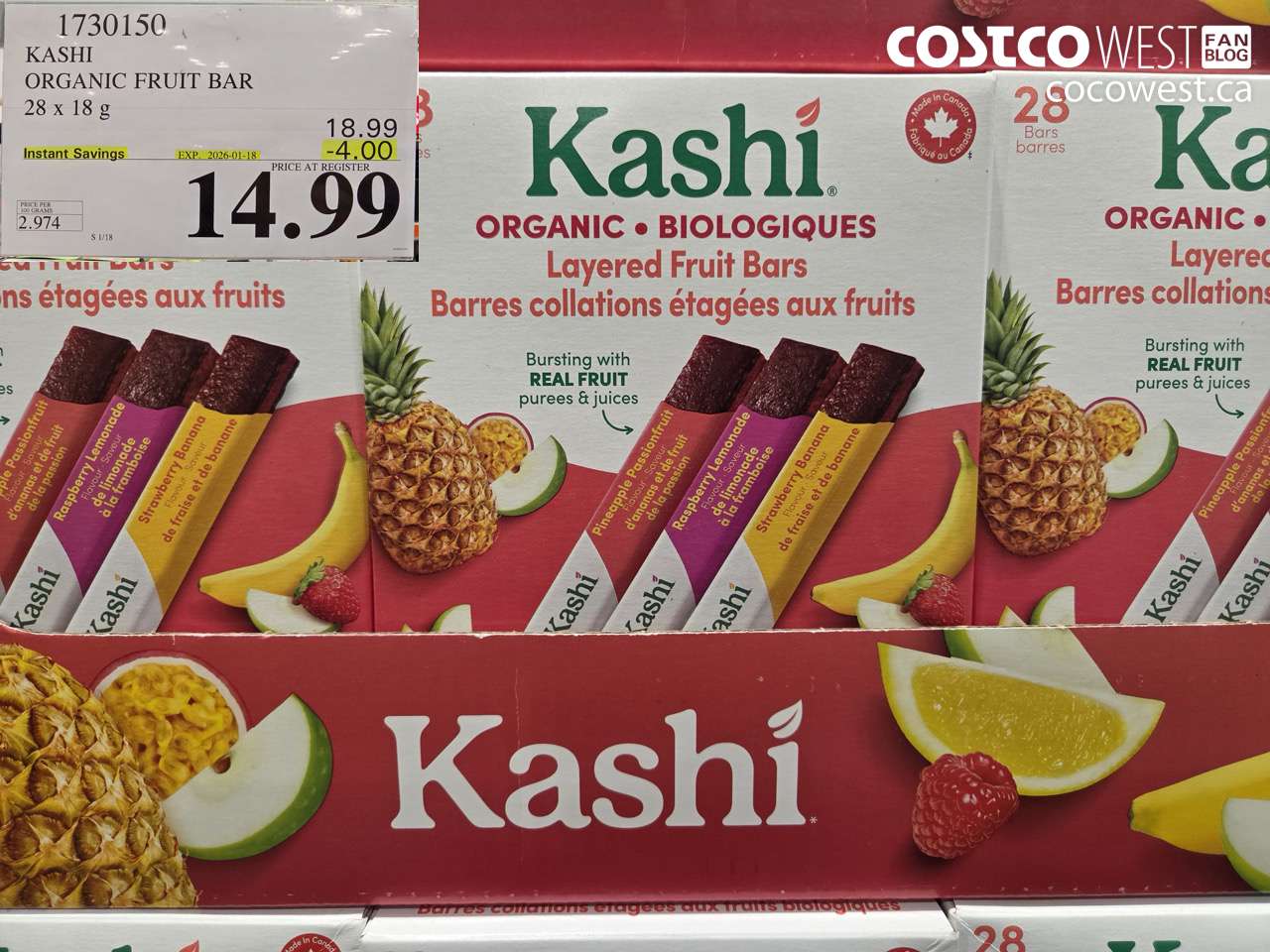 1730150 KASHI ORGANIC FRUIT BAR 28 X 18G ($4.00 INSTANT SAVINGS EXPIRES ON 2026-01-18) $14.99