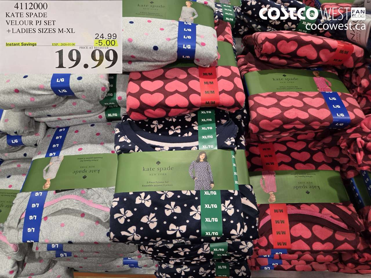 4112000 KATE SPADE VELOUR PJ SET LADIES SIZES M-XL ($5.00 INSTANT SAVINGS EXPIRES ON 2026-01-06) $19.99