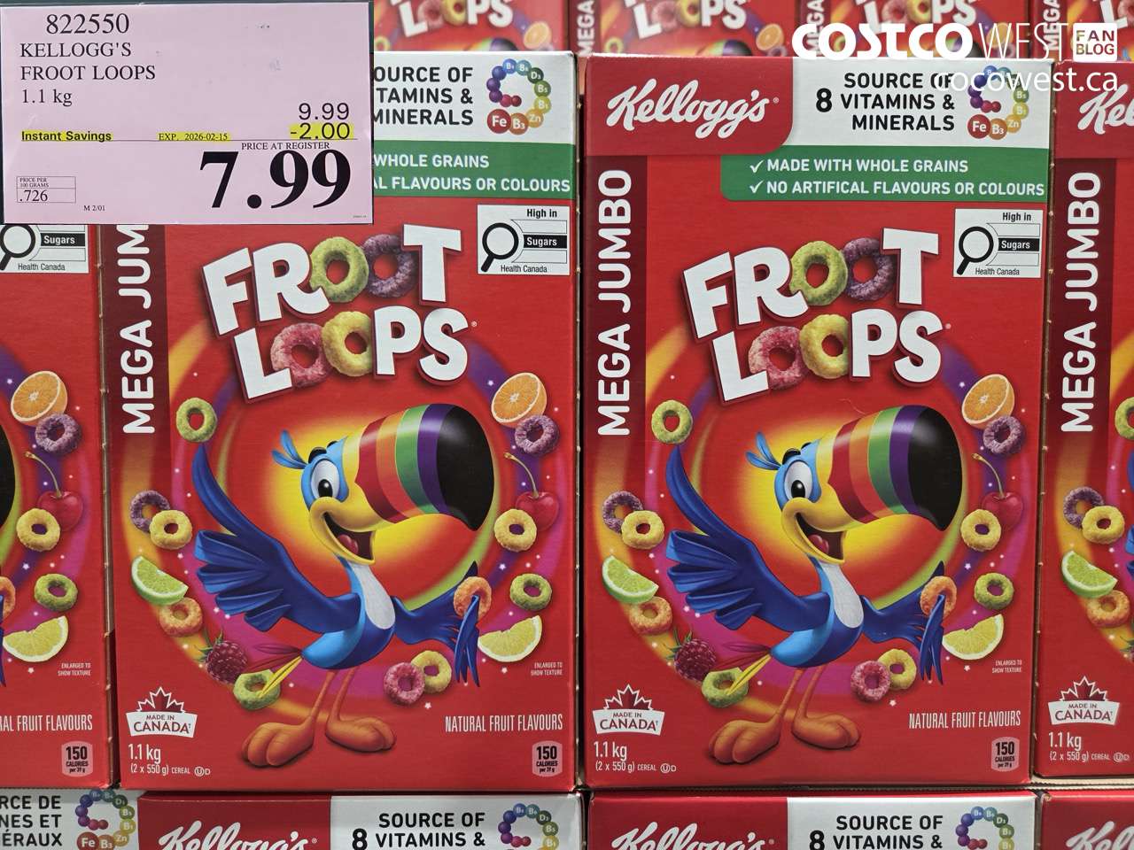 822550 KELLOGG'S FROOT LOOPS 1.1 kg ($2.00 INSTANT SAVINGS EXPIRES ON 2026-02-15) $7.99