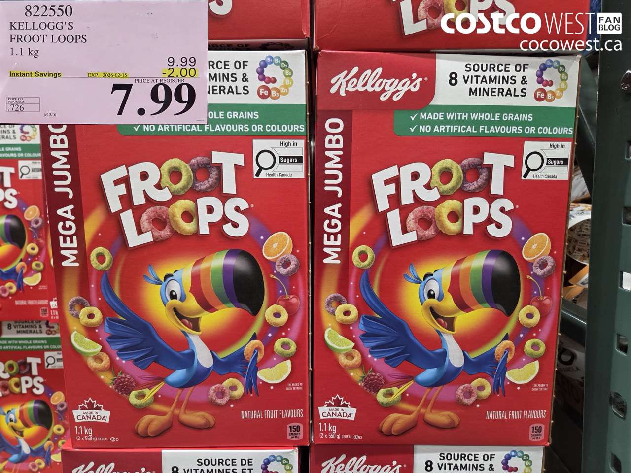 822550 KELLOGG'S FROOT LOOPS 1.1 kg ($2.00 INSTANT SAVINGS EXPIRES ON 2026-02-15) $7.99