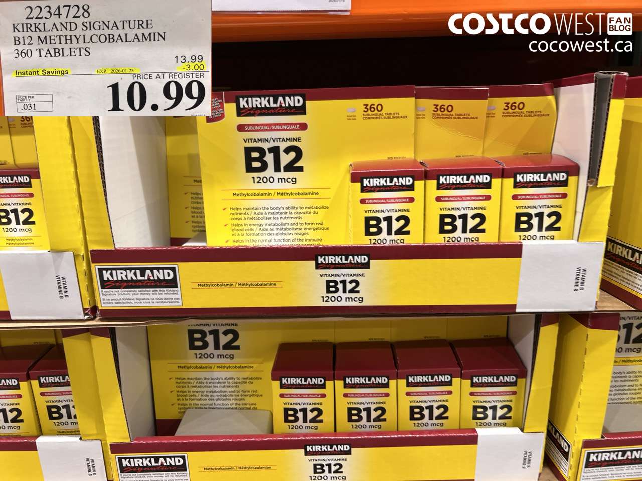 2234728 KIRKLAND SIGNATURE B12 METHYLCOBALAMIN 1200MCG 360 TABLETS ($3.00 INSTANT SAVINGS EXPIRES ON 2026-01-25) $10.99