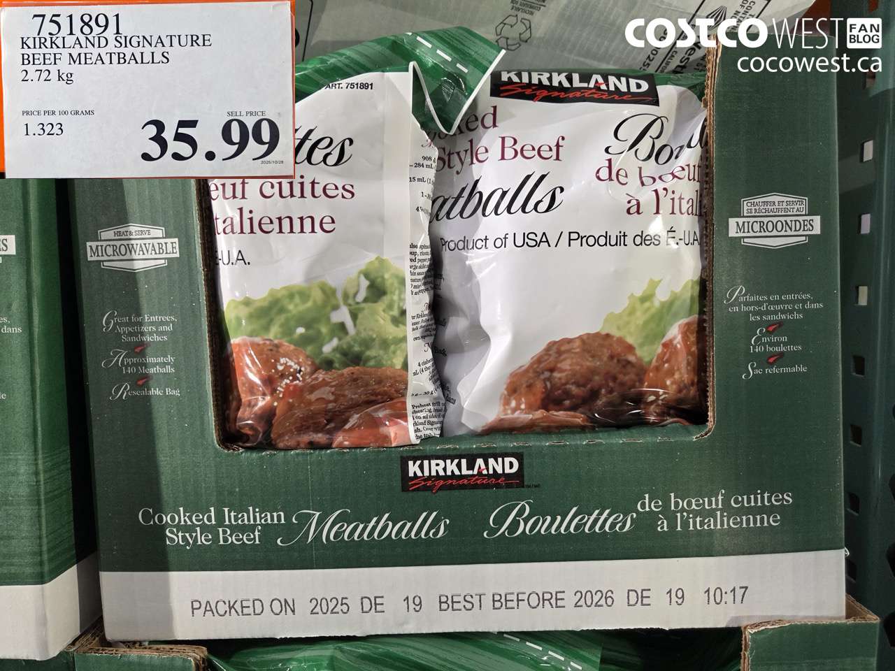 751891 KIRKLAND SIGNATURE BEEF MEATBALLS 2.72 kg $35.99