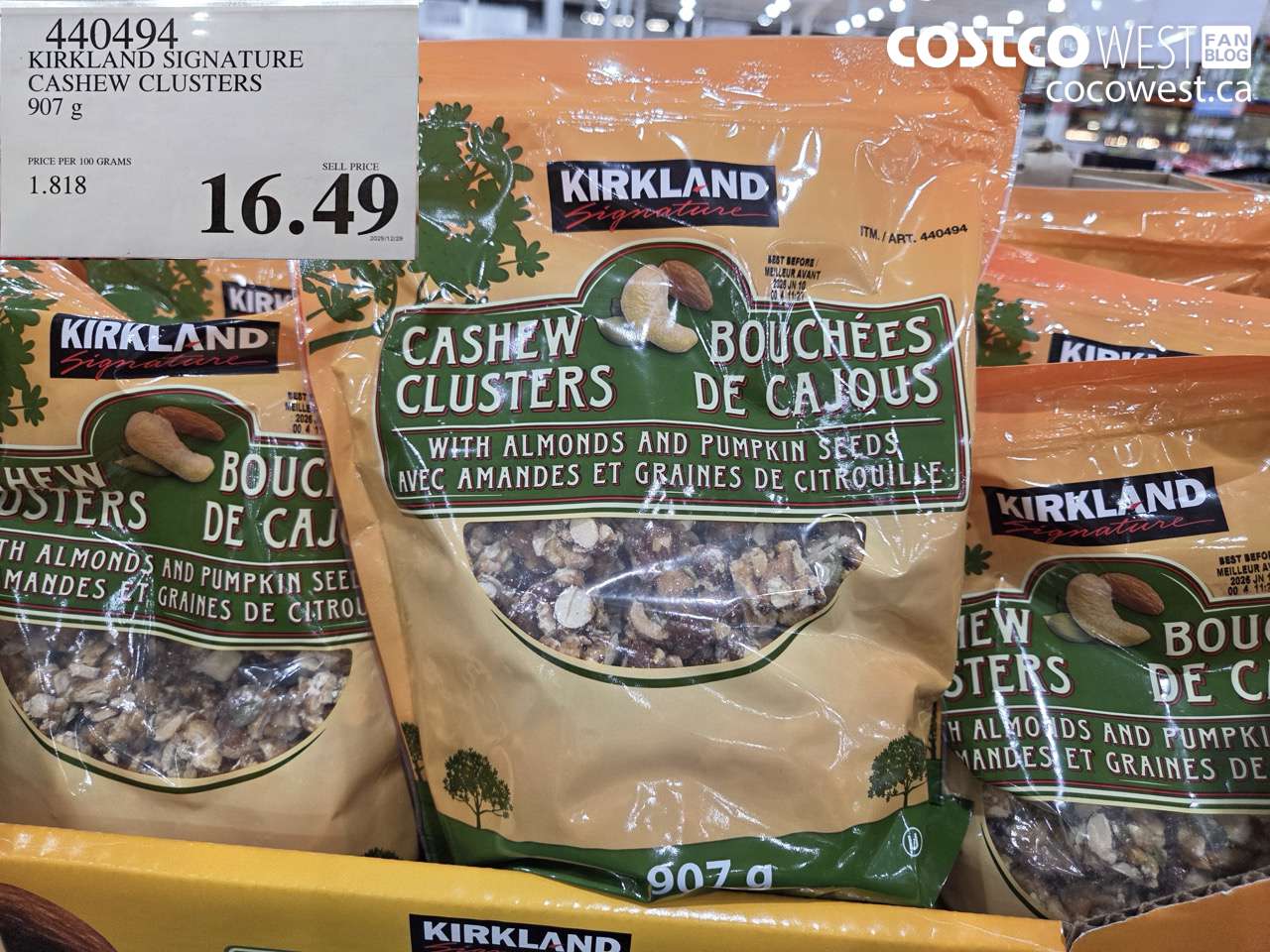 440494 KIRKLAND SIGNATURE CASHEW CLUSTERS 907 G $16.49