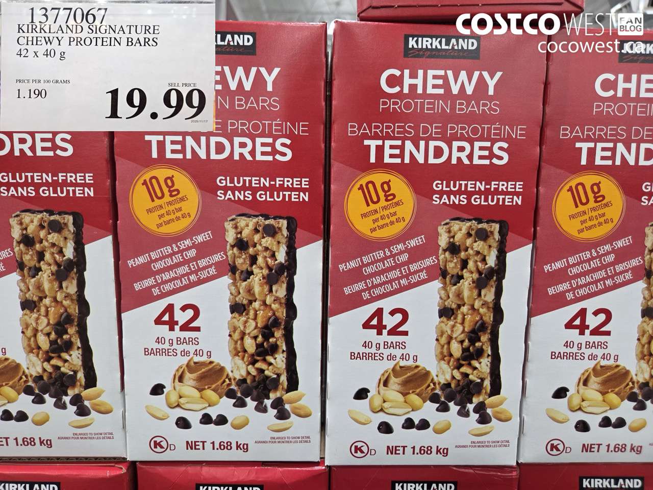 1377067 KIRKLAND SIGNATURE CHEWY PROTEIN BARS 42 BARS $19.99