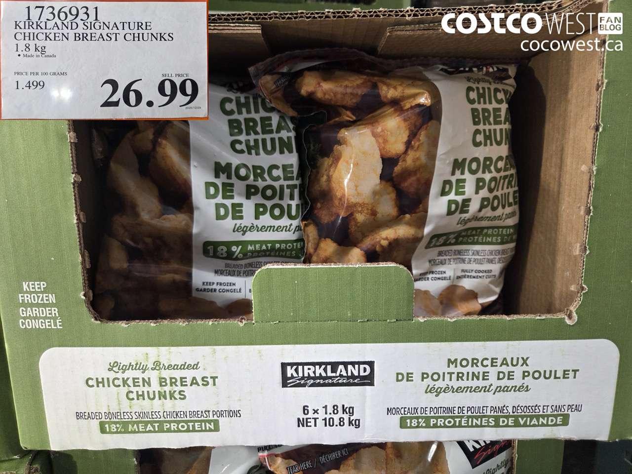1736931 KIRKLAND SIGNATURE CHICKEN BREAST CHUNKS 1.8 kg $26.99