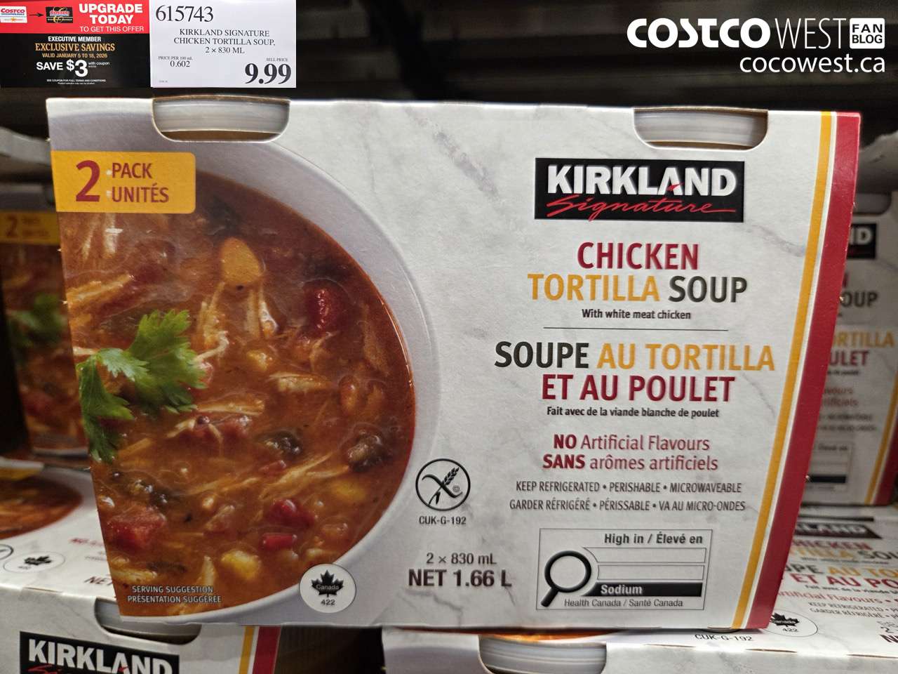 615743 KIRKLAND SIGNATURE CHICKEN TORTILLA SOUP 2 x 330 mL ($3.00 INSTANT SAVINGS EXPIRES ON 2025-01-18) $9.99