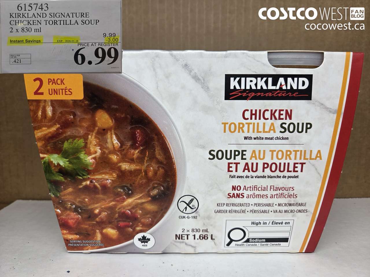 615743 KIRKLAND SIGNATURE CHICKEN TORTILLA SOUP 2 x 330 mL ($3.00 INSTANT SAVINGS EXPIRES ON 2025-01-18) $6.99