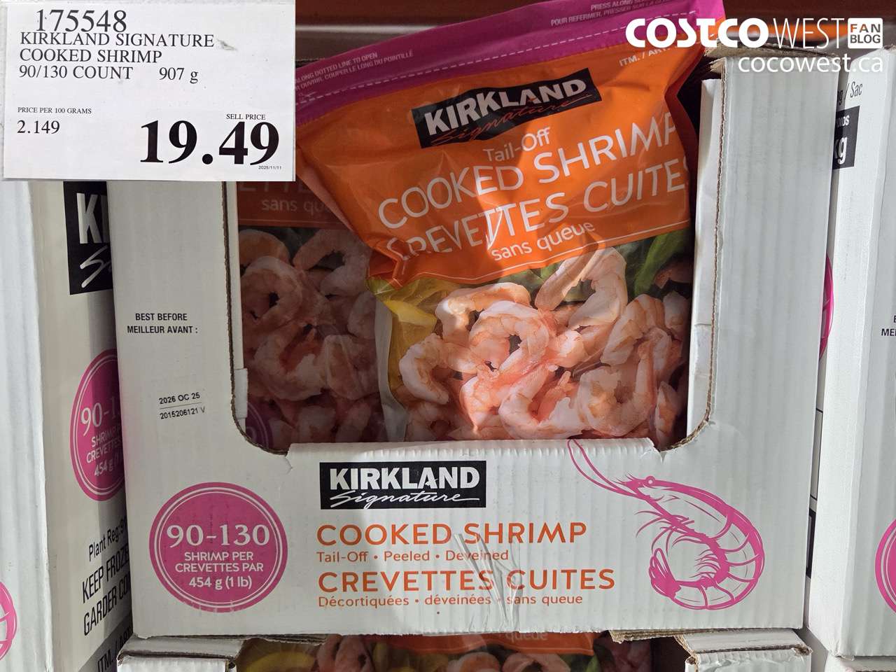 175548 KIRKLAND SIGNATURE COOKED SHRIMP 90/130 COUNT 907g $19.49