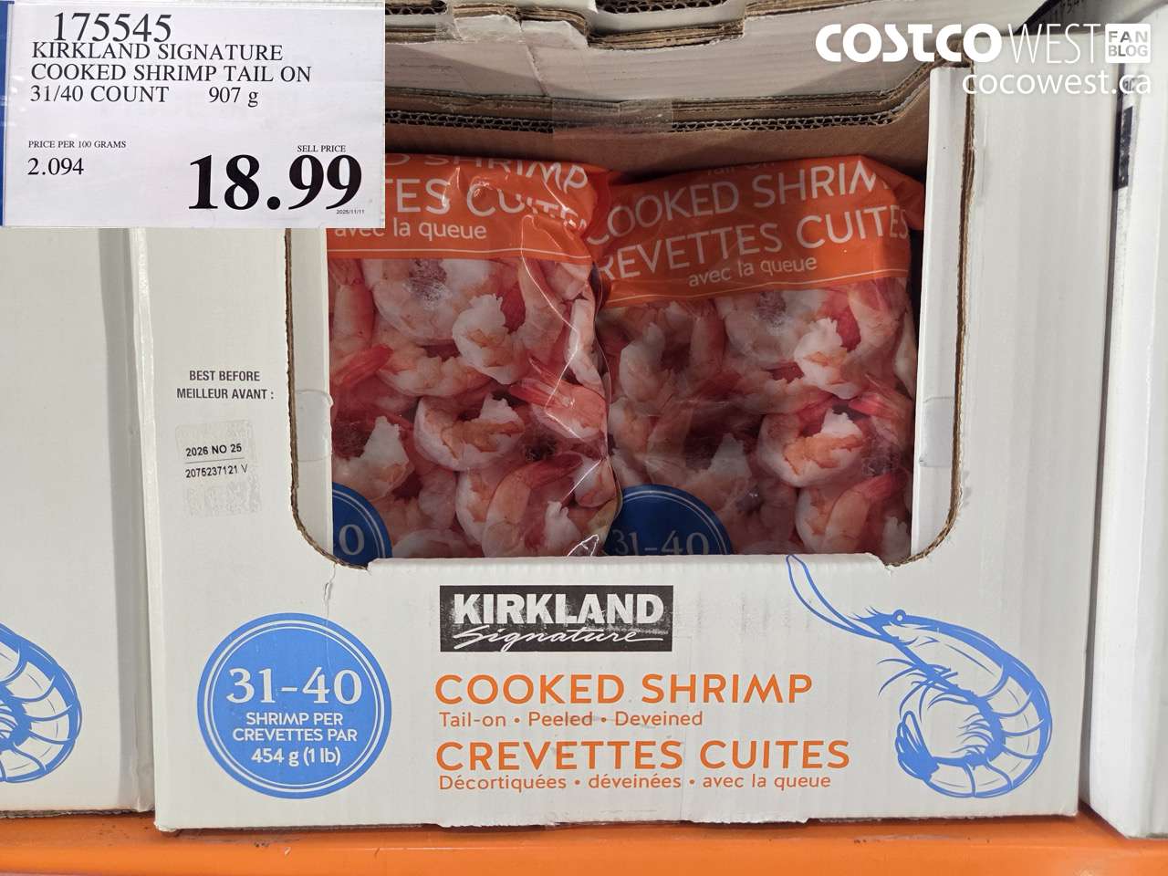175545 KIRKLAND SIGNATURE COOKED SHRIMP TAIL ON 31/40 COUNT 907g $18.99