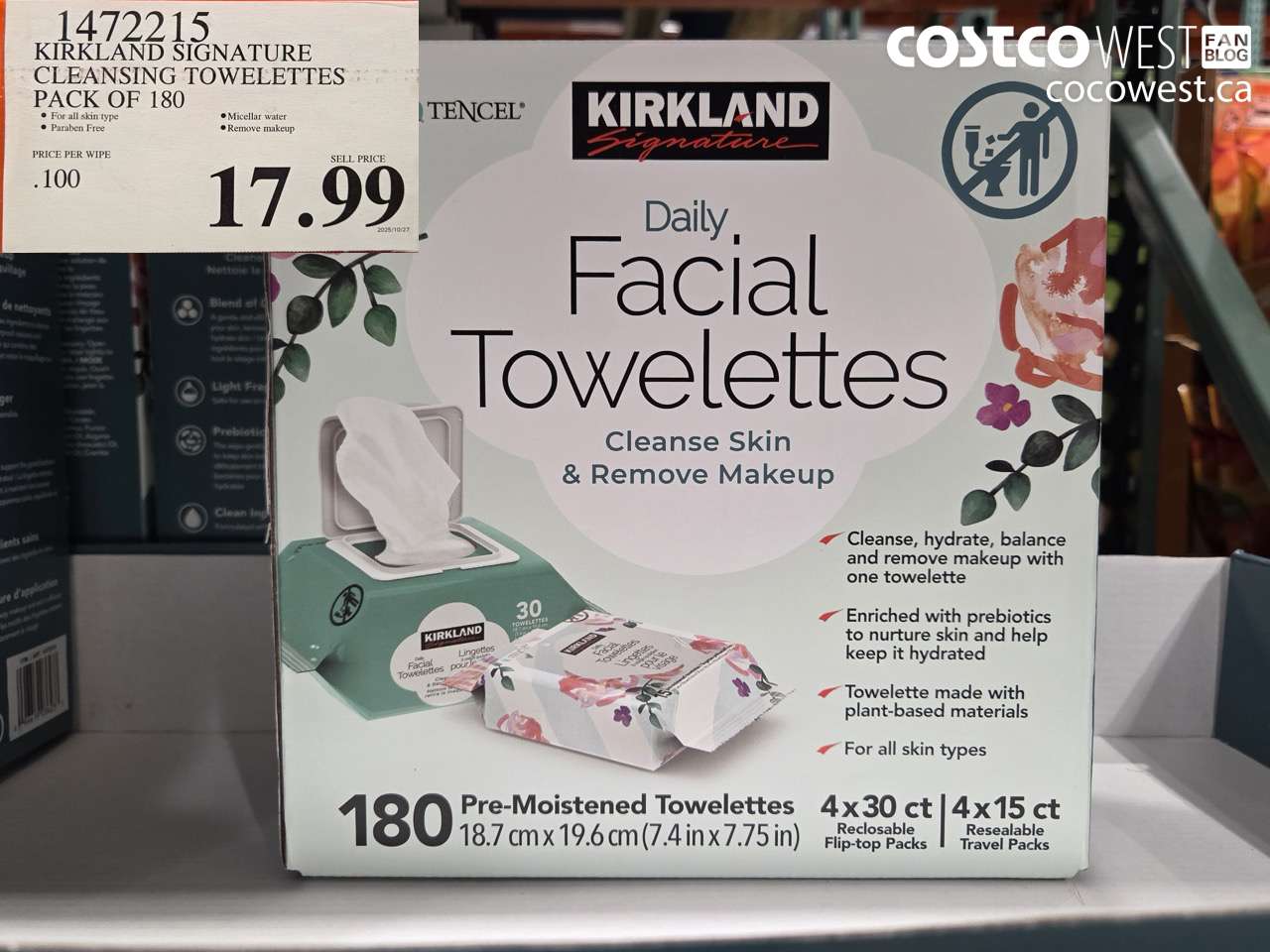 1472215 KIRKLAND SIGNATURE DAILY FACIAL TOWELETTES 180CT $17.99