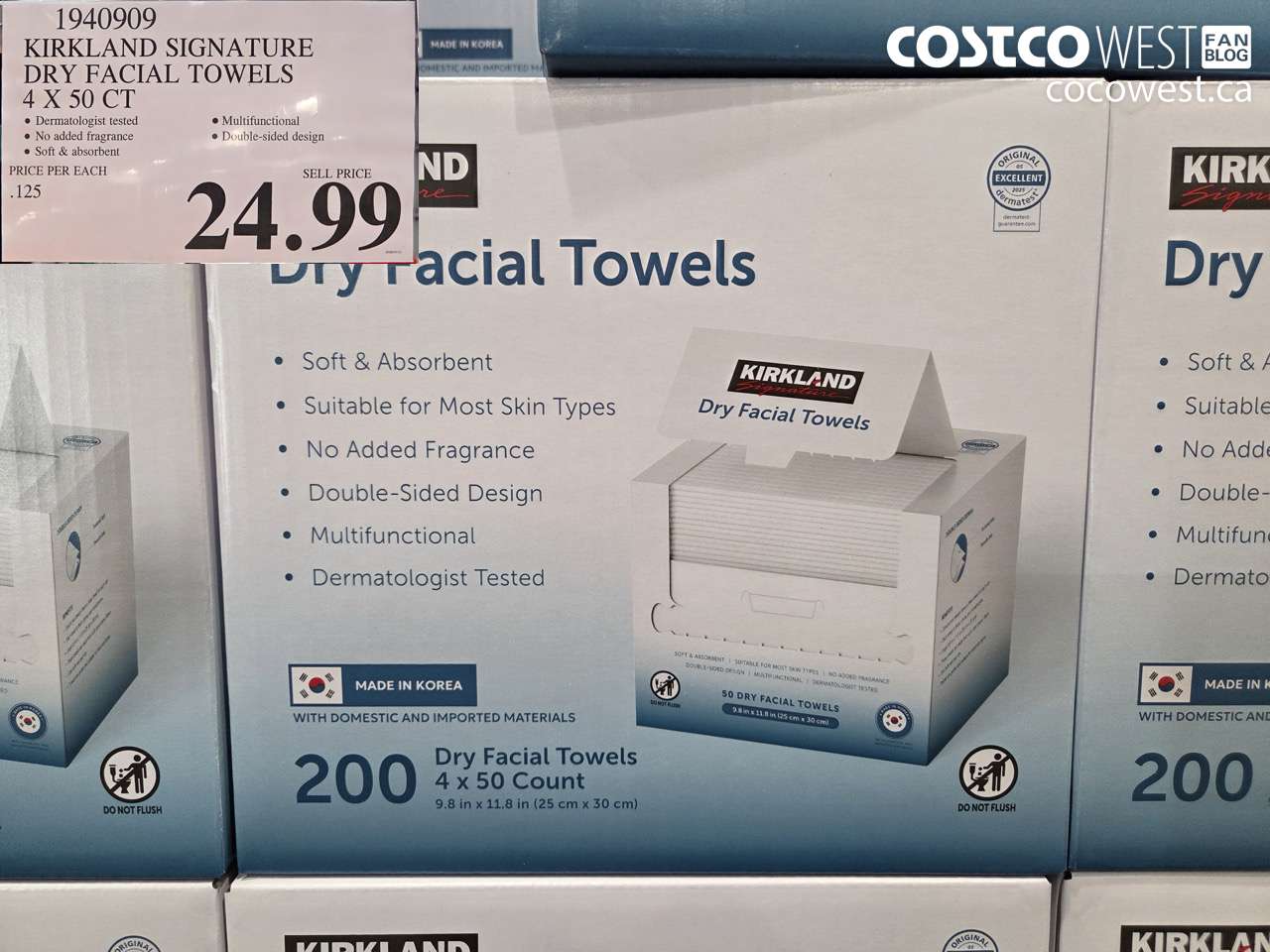 1940909 KIRKLAND SIGNATURE DRY FACIAL TOWELS 4 X 50CT $24.99