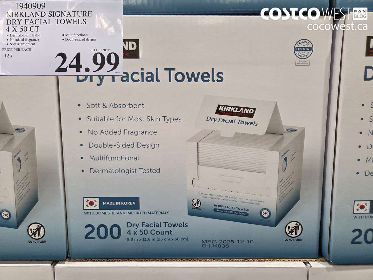 1940909 KIRKLAND SIGNATURE DRY FACIAL TOWELS 4 X 50CT $24.99