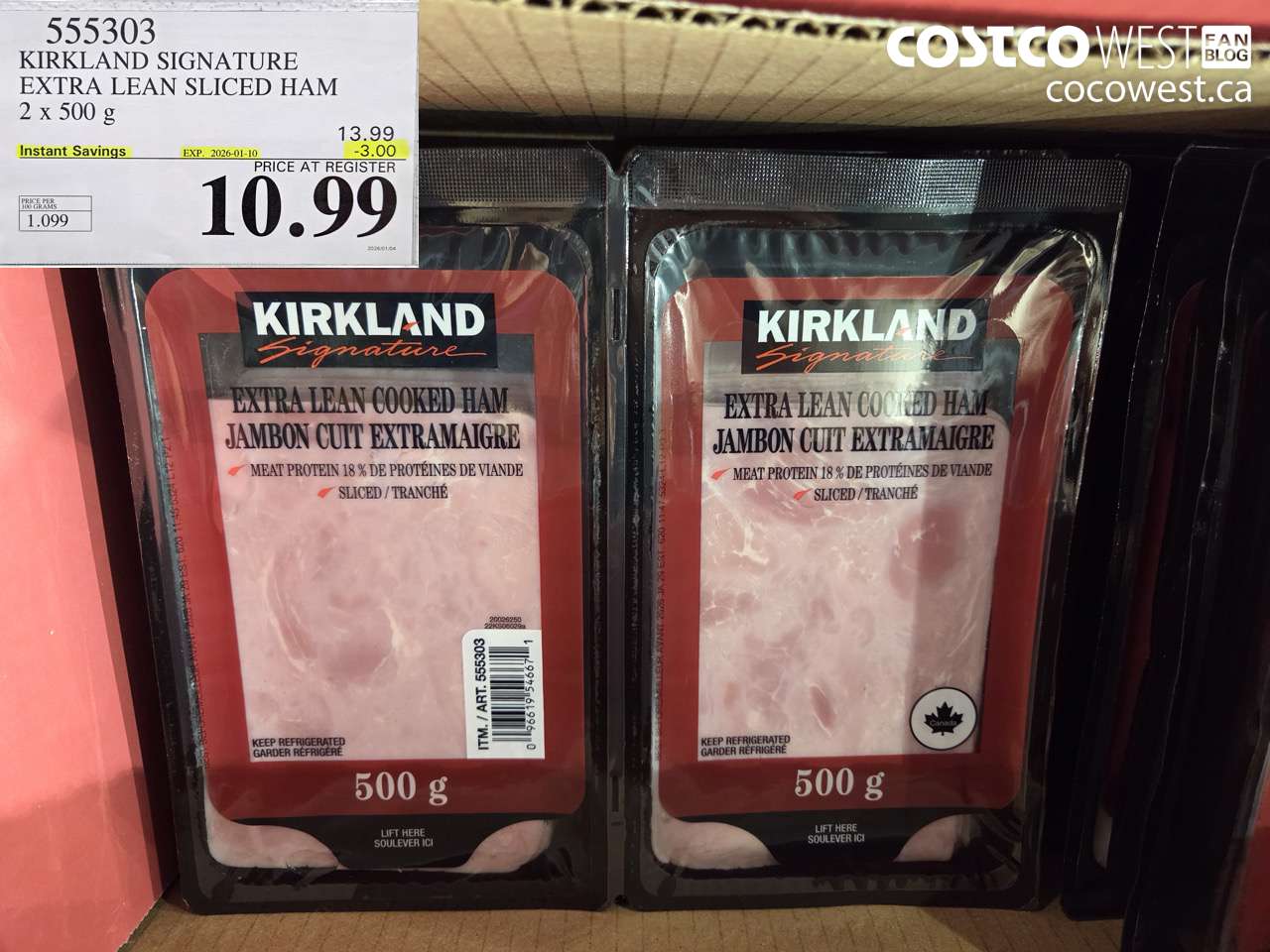 555303 KIRKLAND SIGNATURE EXTRA LEAN SLICED HAM 2 x 500 g ($3.00 INSTANT SAVINGS EXPIRES ON 2026-01-10) $10.99