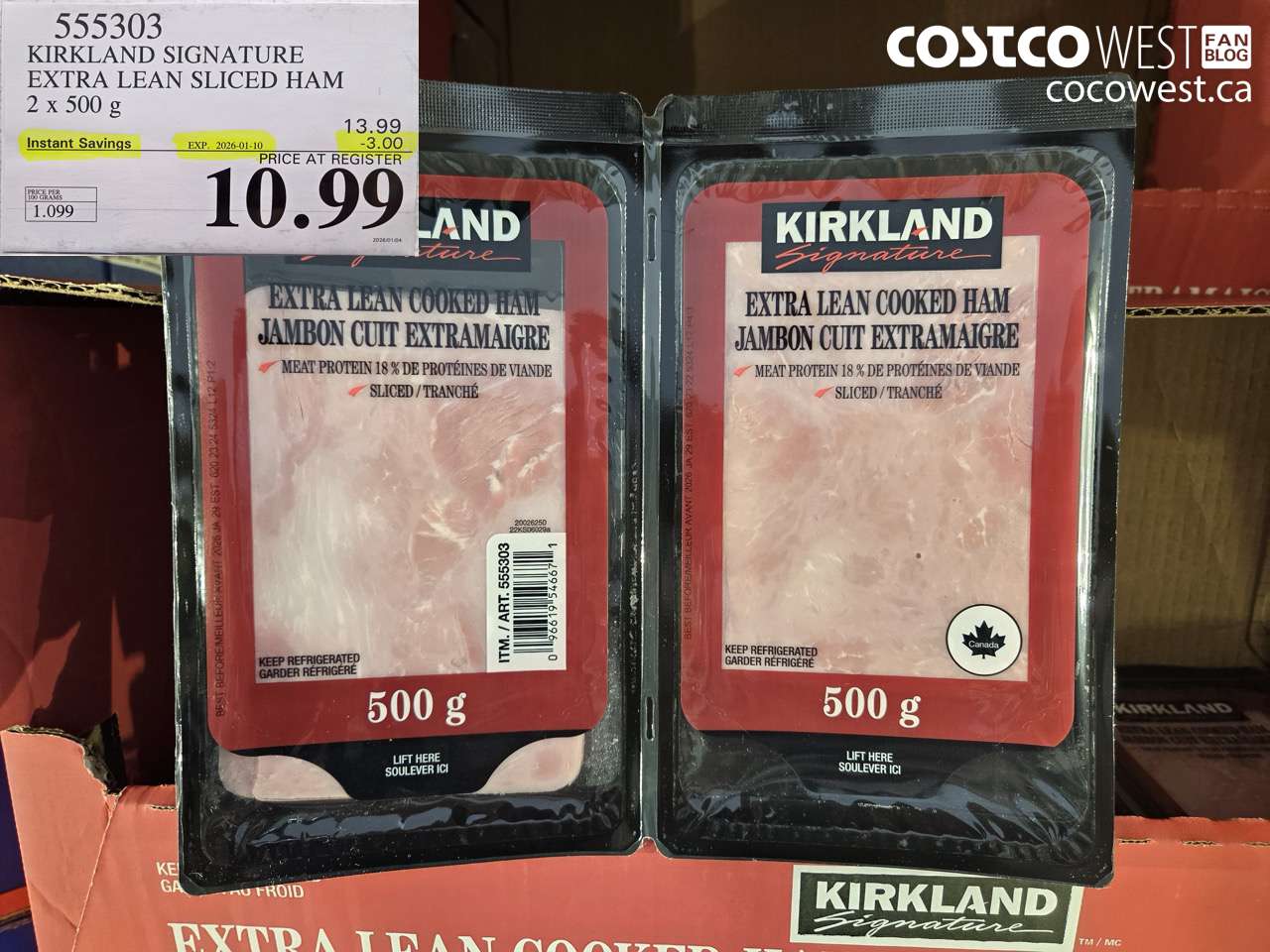 555303 KIRKLAND SIGNATURE EXTRA LEAN SLICED HAM 2 x 500 g ($3.00 INSTANT SAVINGS EXPIRES ON 2026-01-10) $10.99