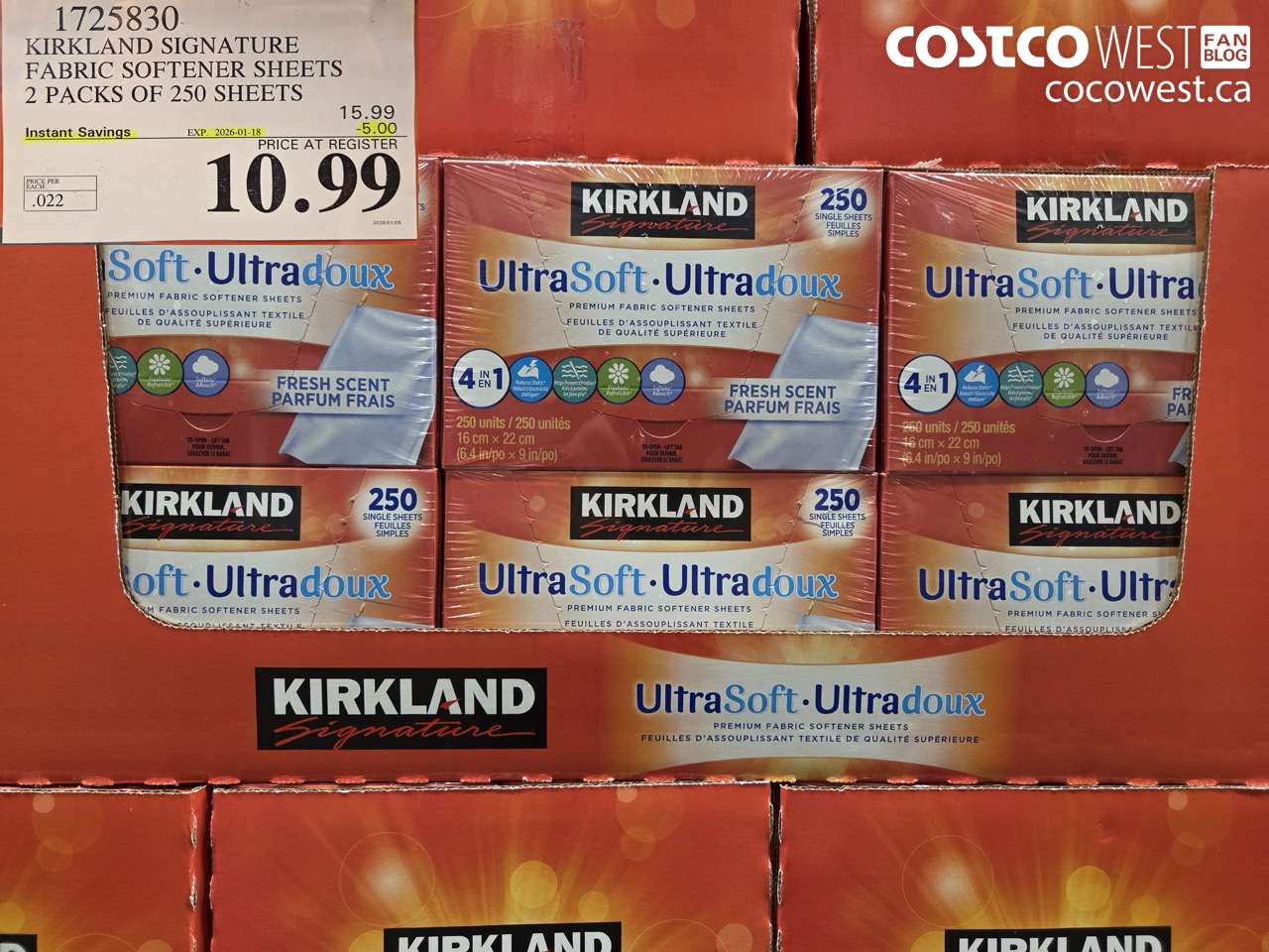 1725830 KIRKLAND SIGNATURE FABRIC SOFTENER SHEETS 2 X 250 SHEETS ($5.00 INSTANT SAVINGS EXPIRES ON 2026-01-18) $10.99