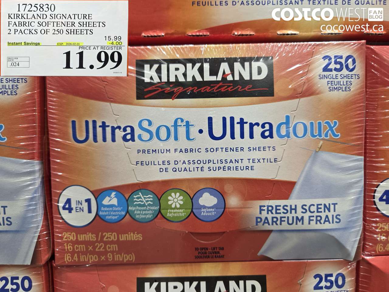 1725830 KIRKLAND SIGNATURE FABRIC SOFTENER SHEETS 2 X 250 SHEETS ($4.00 INSTANT SAVINGS EXPIRES ON 2026-02-01) $11.99