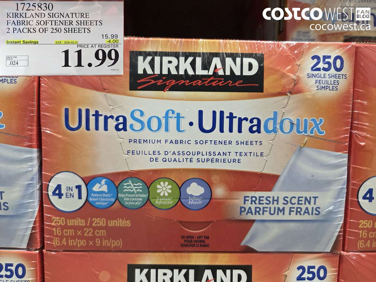 1725830 KIRKLAND SIGNATURE FABRIC SOFTENER SHEETS 2 X 250 SHEETS ($4.00 INSTANT SAVINGS EXPIRES ON 2026-02-01) $11.99