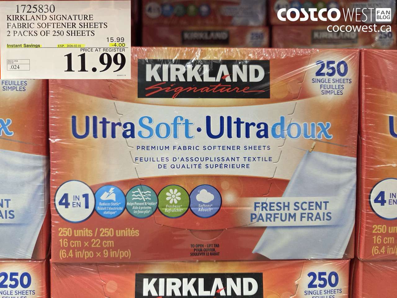 1725830 KIRKLAND SIGNATURE FABRIC SOFTENER SHEETS 2 X 250 SHEETS ($4.00 INSTANT SAVINGS EXPIRES ON 2026-02-01) $11.99