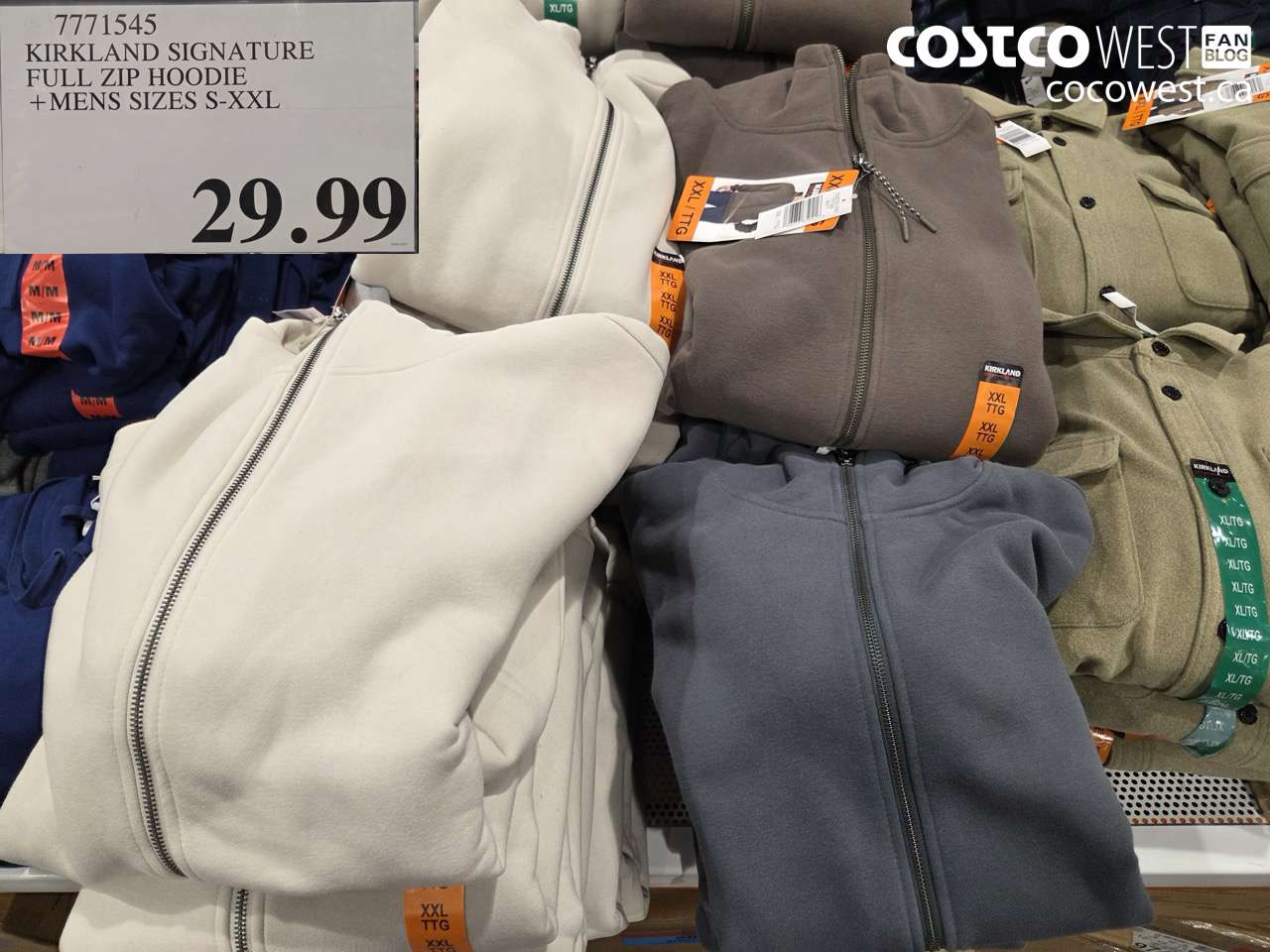 7771545 KIRKLAND SIGNATURE FULL ZIP HOODIE MENS SIZES S-XXL $29.99