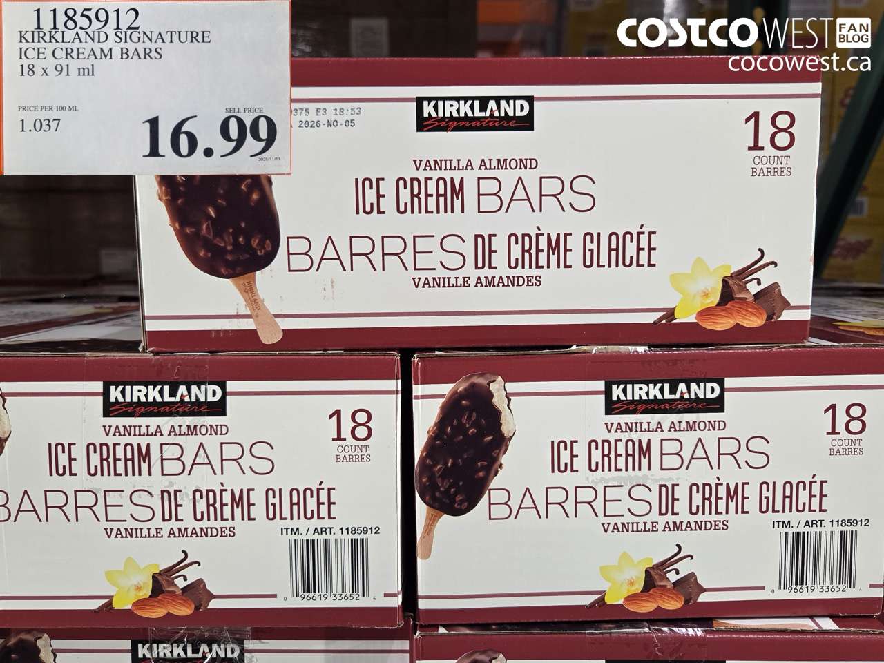 1185912 KIRKLAND SIGNATURE ICE CREAM BARS 18 x 91ml $16.99