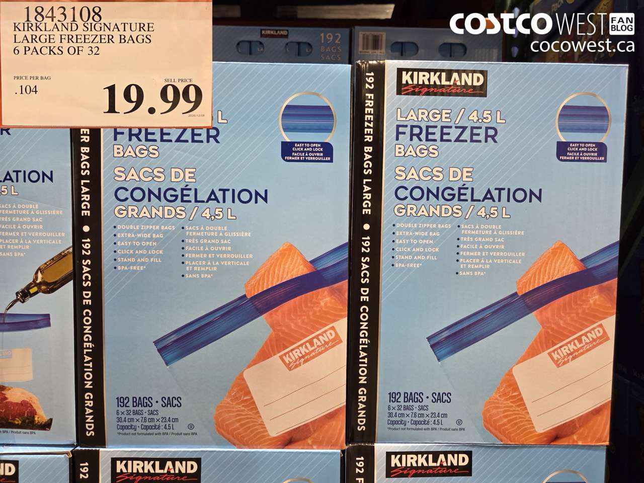 1843108 KIRKLAND SIGNATURE LARGE FREEZER BAGS 6 PACKS OF 32 $19.99