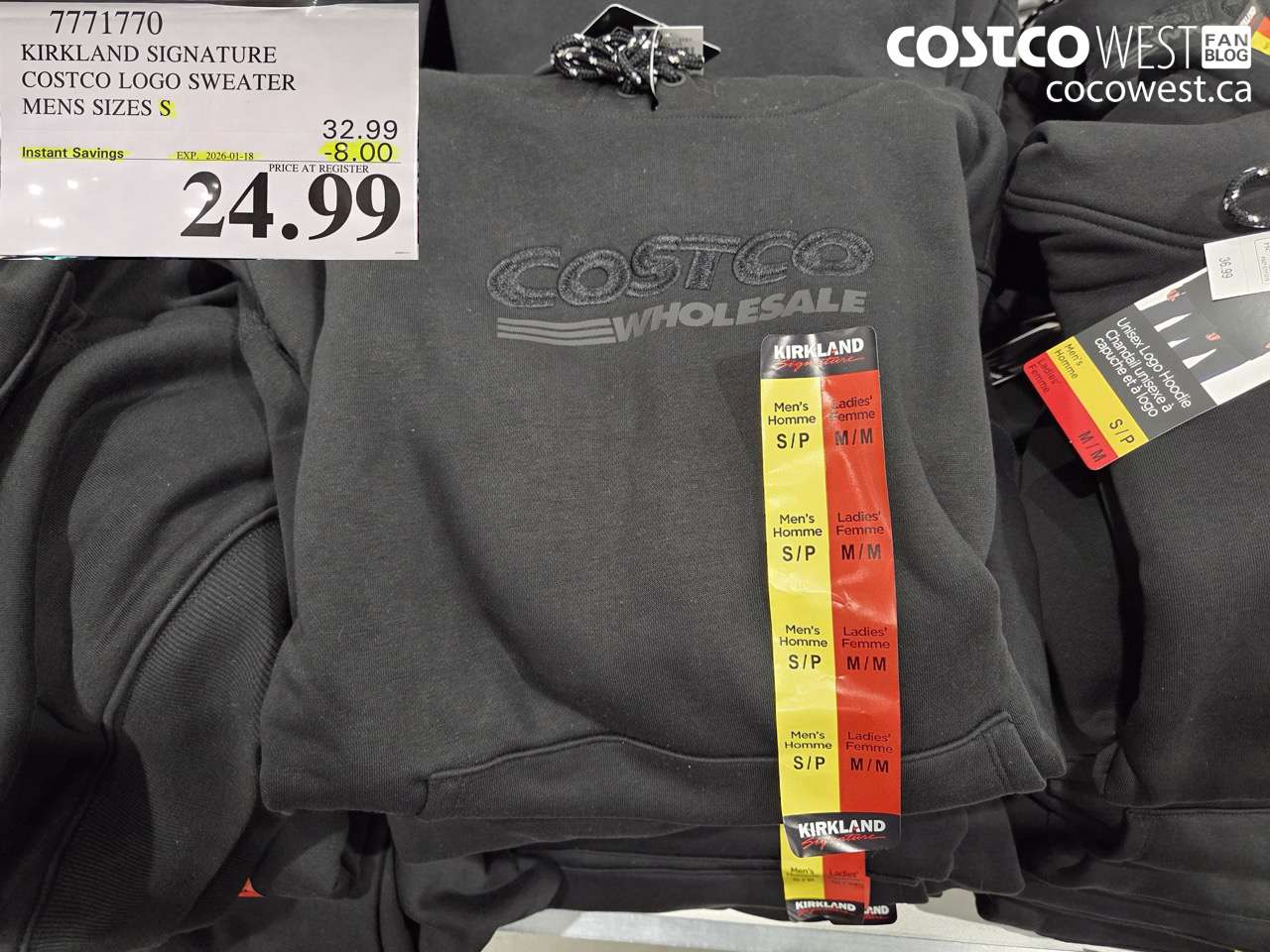 7771770 KIRKLAND SIGNATURE LOGO HOODIE MENS SIZES S ($8.00 INSTANT SAVINGS EXPIRES ON 2026-01-18) $24.99