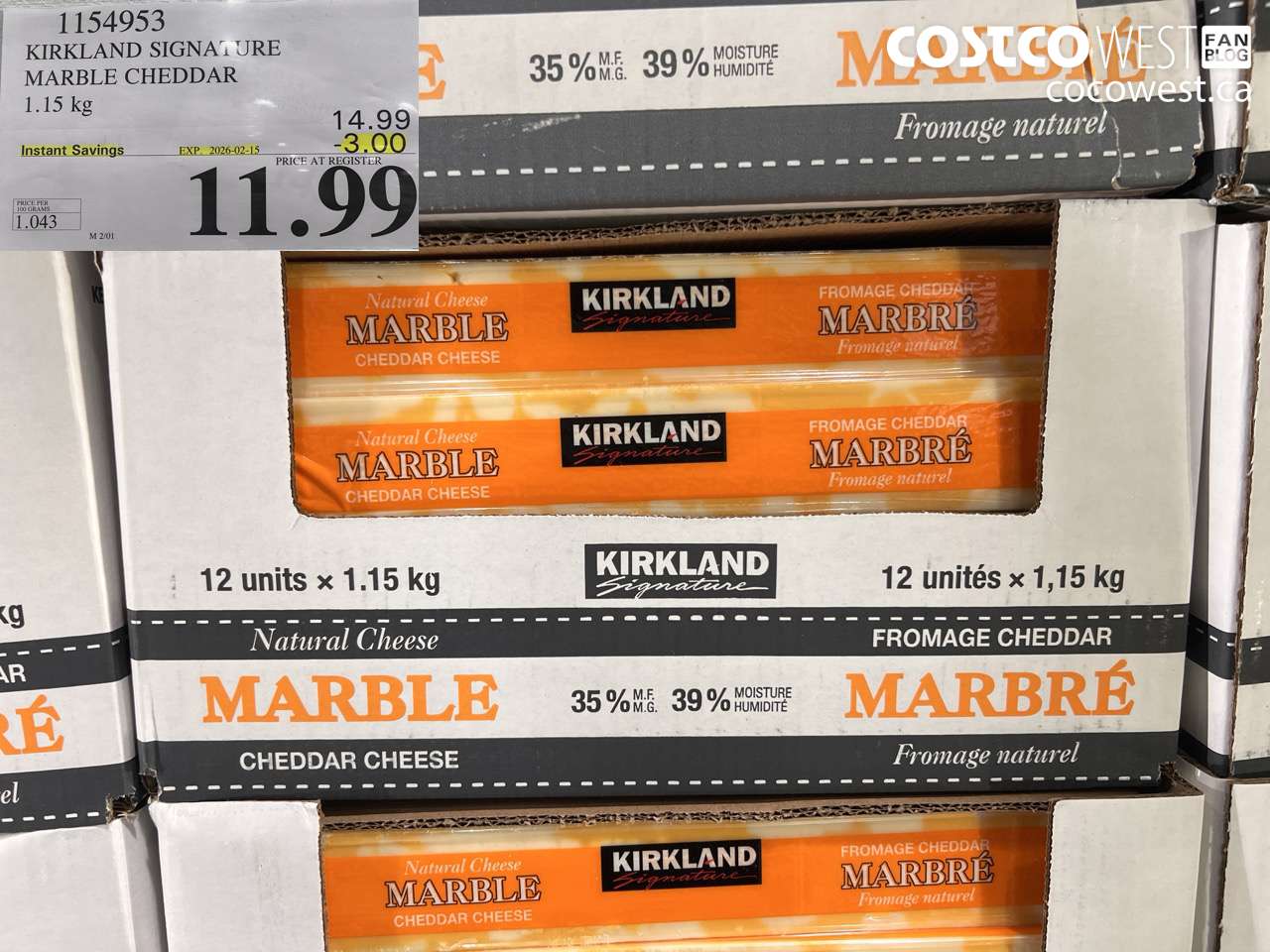 1154953 KIRKLAND SIGNATURE MARBLE CHEDDAR 1.15 kg ($3.00 INSTANT SAVINGS EXPIRES ON 2026-02-15) $11.99