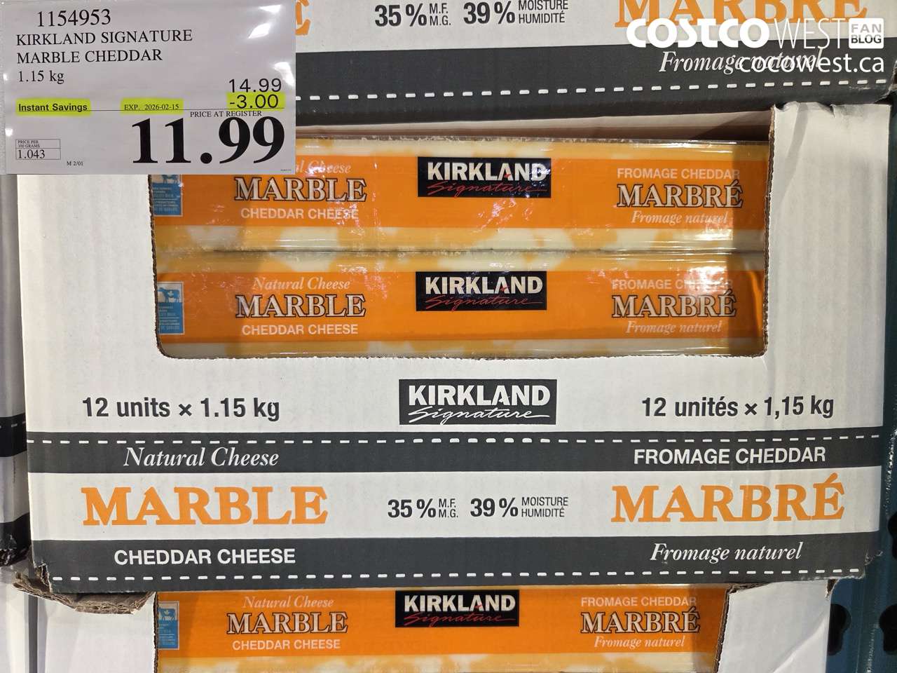 1154953 KIRKLAND SIGNATURE MARBLE CHEDDAR 1.15 kg ($3.00 INSTANT SAVINGS EXPIRES ON 2026-02-15) $11.99