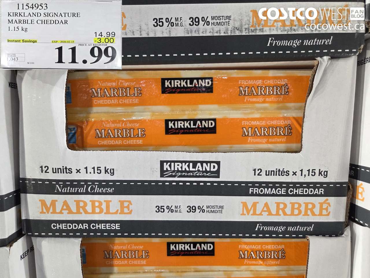 1154953 KIRKLAND SIGNATURE MARBLE CHEDDAR 1.15 kg ($3.00 INSTANT SAVINGS EXPIRES ON 2026-02-15) $11.99