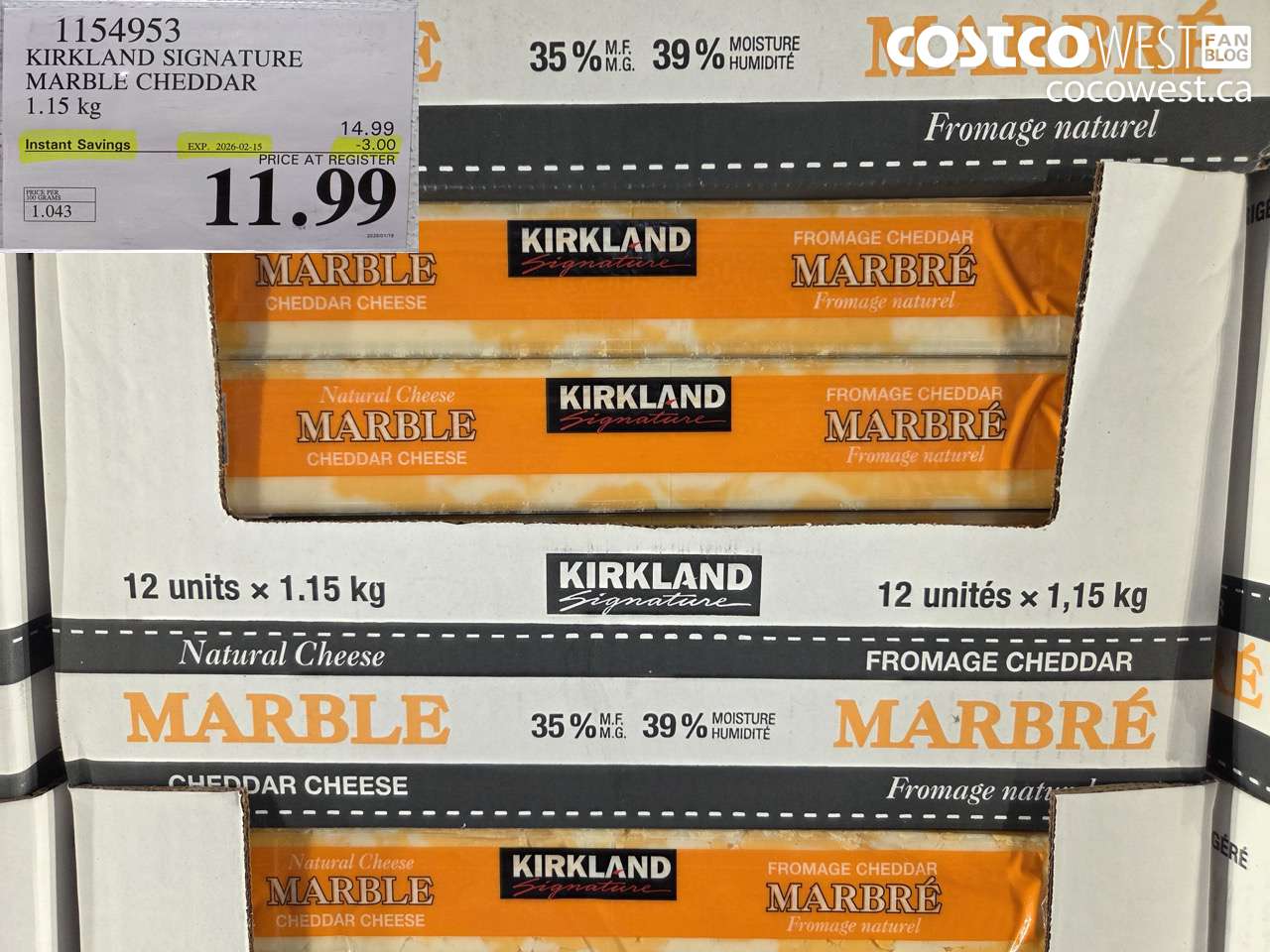 1154953 KIRKLAND SIGNATURE MARBLE CHEDDAR 1.15 kg ($3.00 INSTANT SAVINGS EXPIRES ON 2026-02-15) $11.99