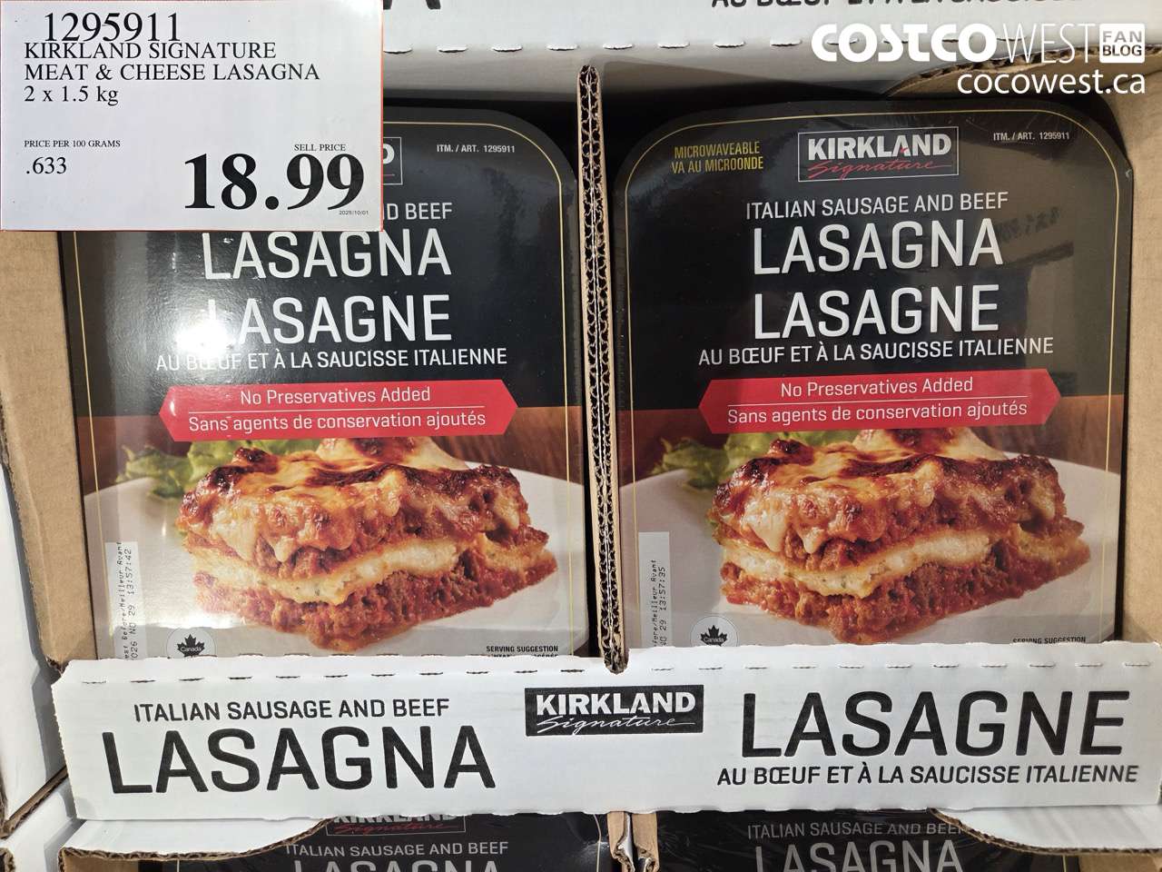 1295911 KIRKLAND SIGNATURE MEAT & CHEESE LASAGNA 2 X 1.5KG $18.99