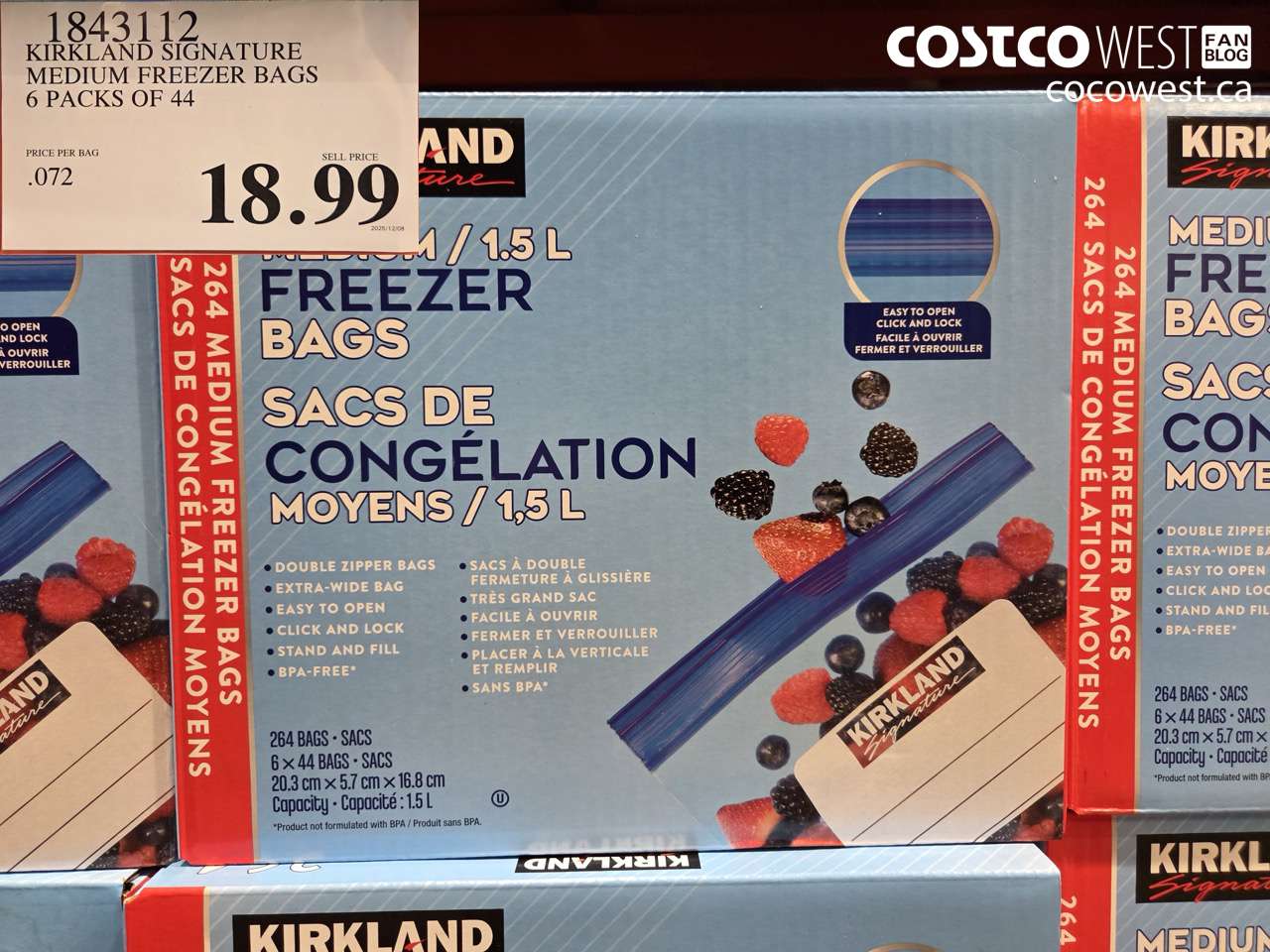 1843112 KIRKLAND SIGNATURE MEDIUM FREEZER BAGS 6 PACKS OF 44 $18.99