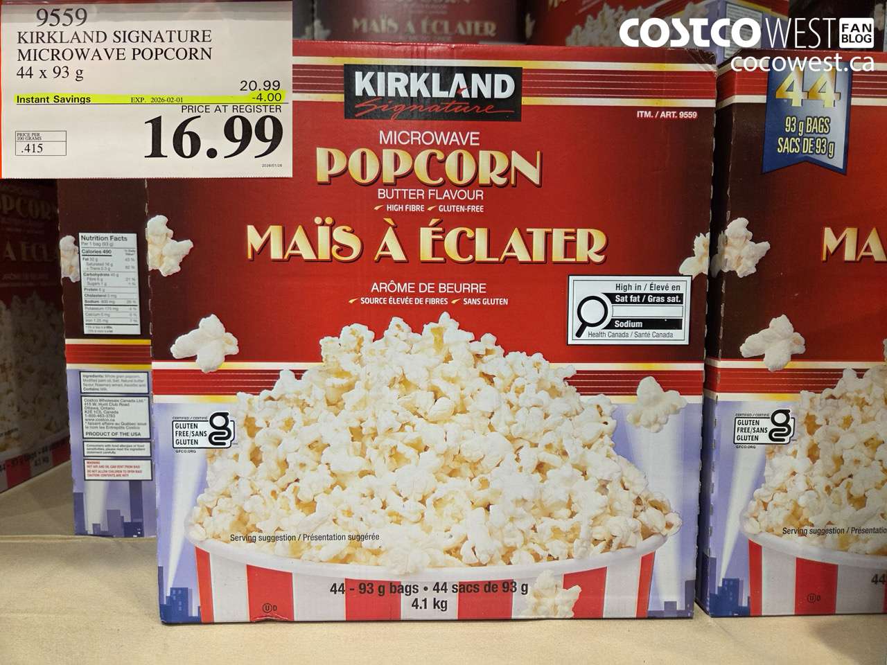 9559 KIRKLAND SIGNATURE MICROWAVE POPCORN 44 x 93 g ($4.00 INSTANT SAVINGS EXPIRES ON 2026-02-01) $16.99