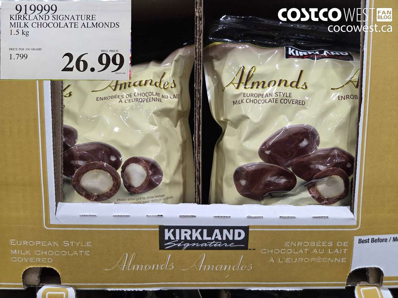 919999 KIRKLAND SIGNATURE MILK CHOCOLATE ALMONDS 1.5KG $26.99