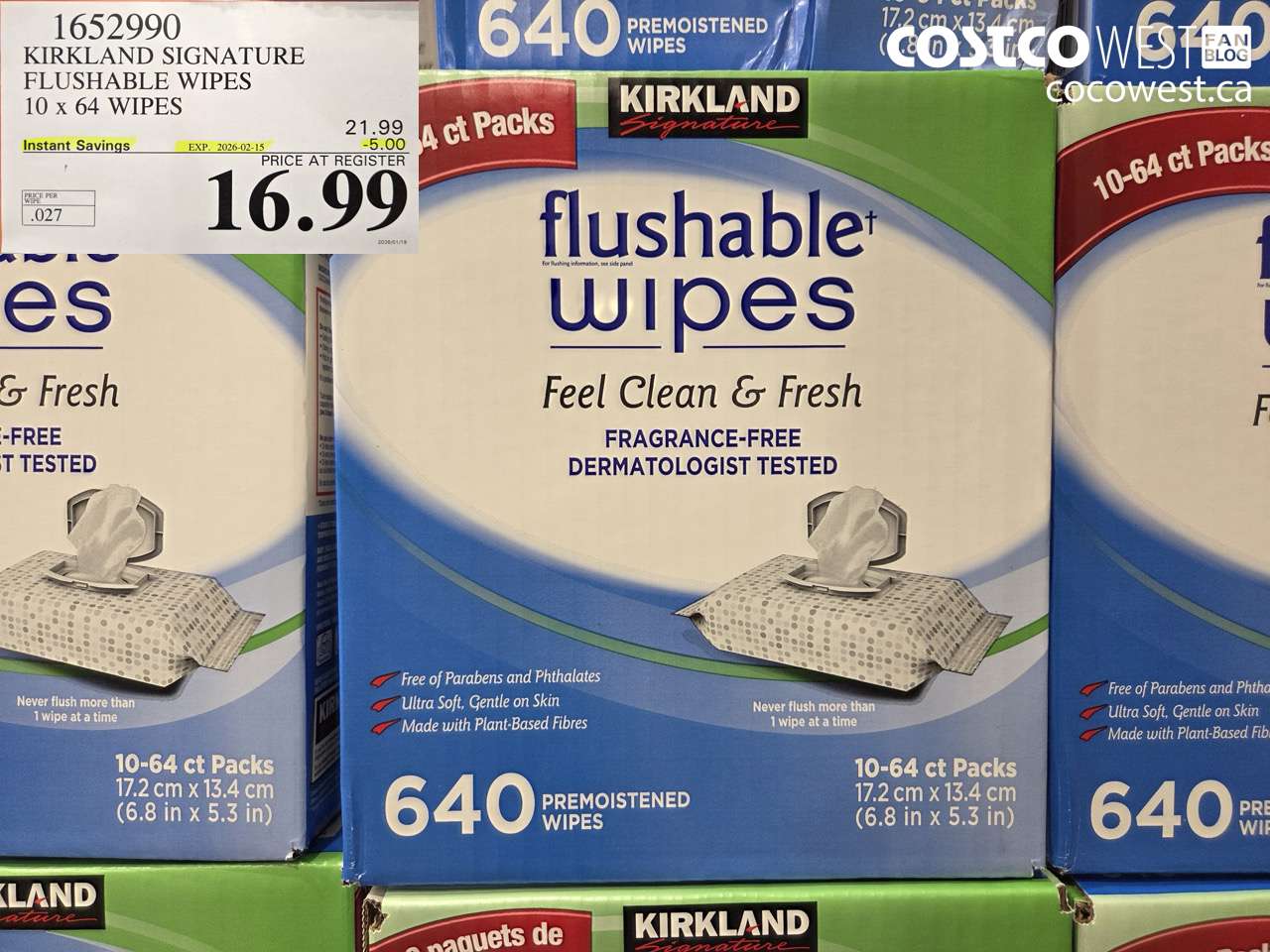 1652990 KIRKLAND SIGNATURE MOIST FLUSHABLE WIPES PACK OF 640 ($5.00 INSTANT SAVINGS EXPIRES ON 2026-02-15) $16.99
