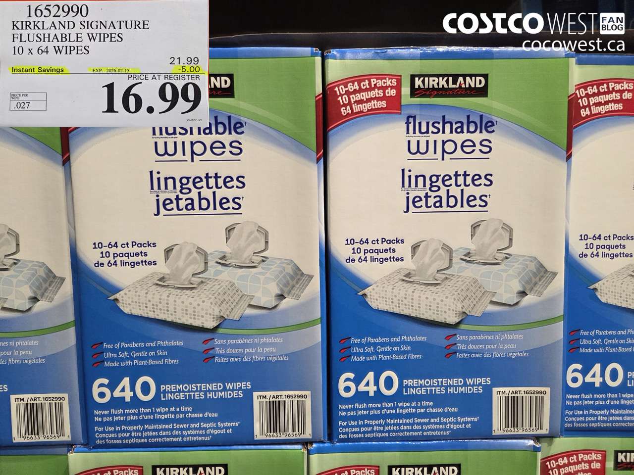 1652990 KIRKLAND SIGNATURE MOIST FLUSHABLE WIPES PACK OF 640 ($5.00 INSTANT SAVINGS EXPIRES ON 2026-02-15) $16.99
