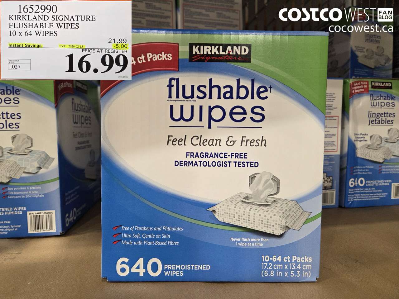 1652990 KIRKLAND SIGNATURE MOIST FLUSHABLE WIPES PACK OF 640 ($5.00 INSTANT SAVINGS EXPIRES ON 2026-02-15) $16.99