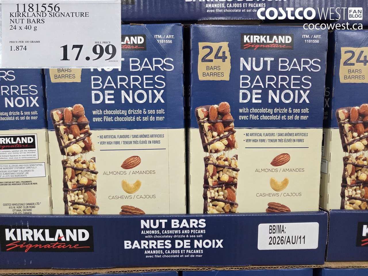 1181556 KIRKLAND SIGNATURE NUT BARS 24 X 40G $17.99