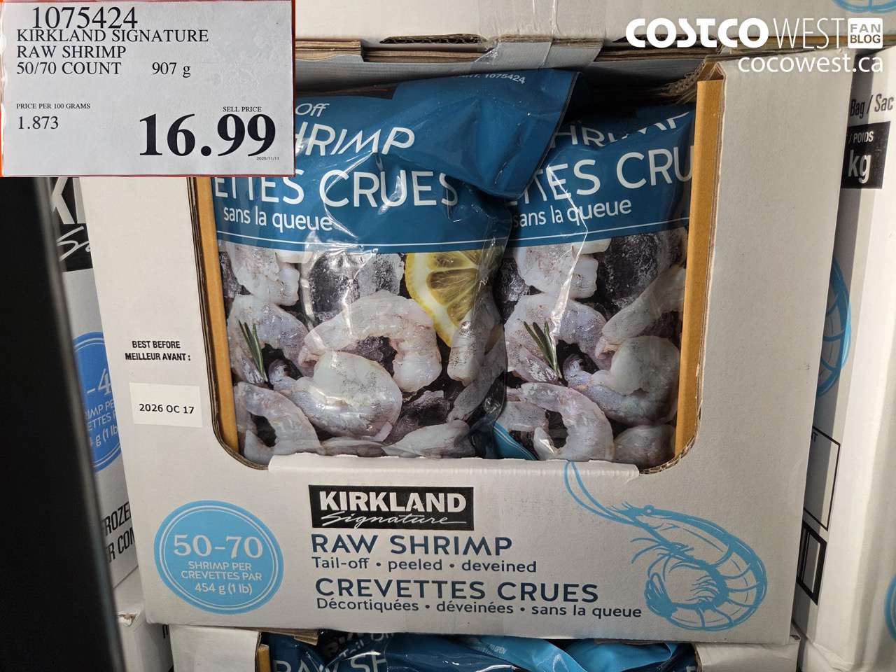 1075424 KIRKLAND SIGNATURE RAW SHRIMP 50/70 COUNT 907G $16.99