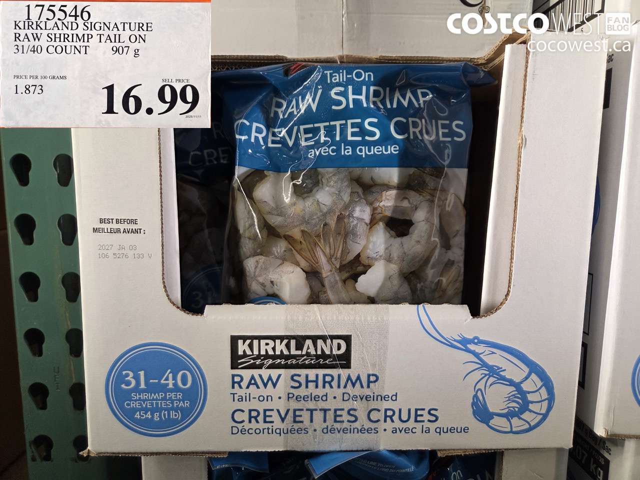 175546 KIRKLAND SIGNATURE RAW SHRIMP TAIL ON 31/40 COUNT 907G $16.99