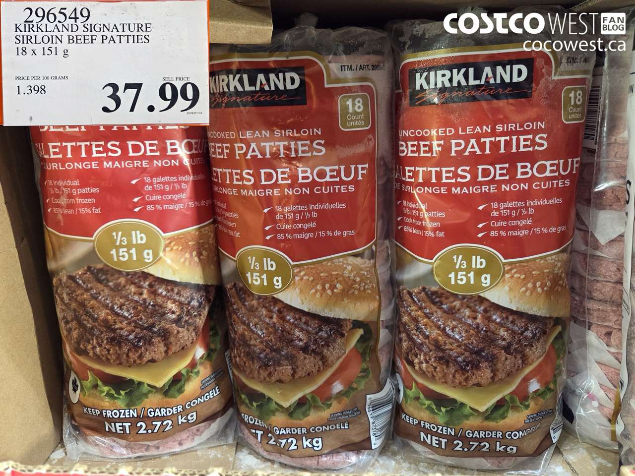 296549 KIRKLAND SIGNATURE SIRLOIN BEEF PATTIES 18 x 151 g $37.99