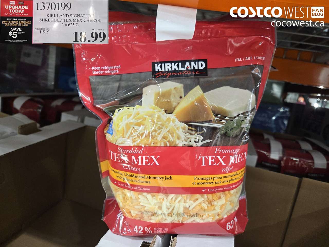 1370199 KIRKLAND SIGNATURE TEX MEX SHRED 2 x 625 g ($5.00 INSTANT SAVINGS EXPIRES ON 2026-01-18) $13.99